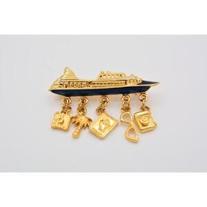 Jo Jo Vintage Cruise Ship Pin Brooch Charm Black Enamel Gold Tone 90s BinAT